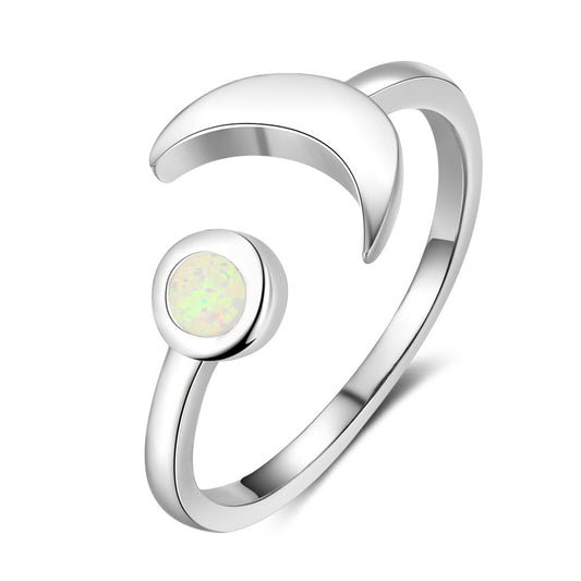 Moon and Round Opal Opening Sterling Silver Ring