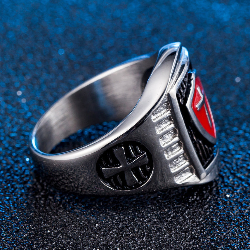 Red Knights Shield Latin Cross Titanium Steel Ring for Men