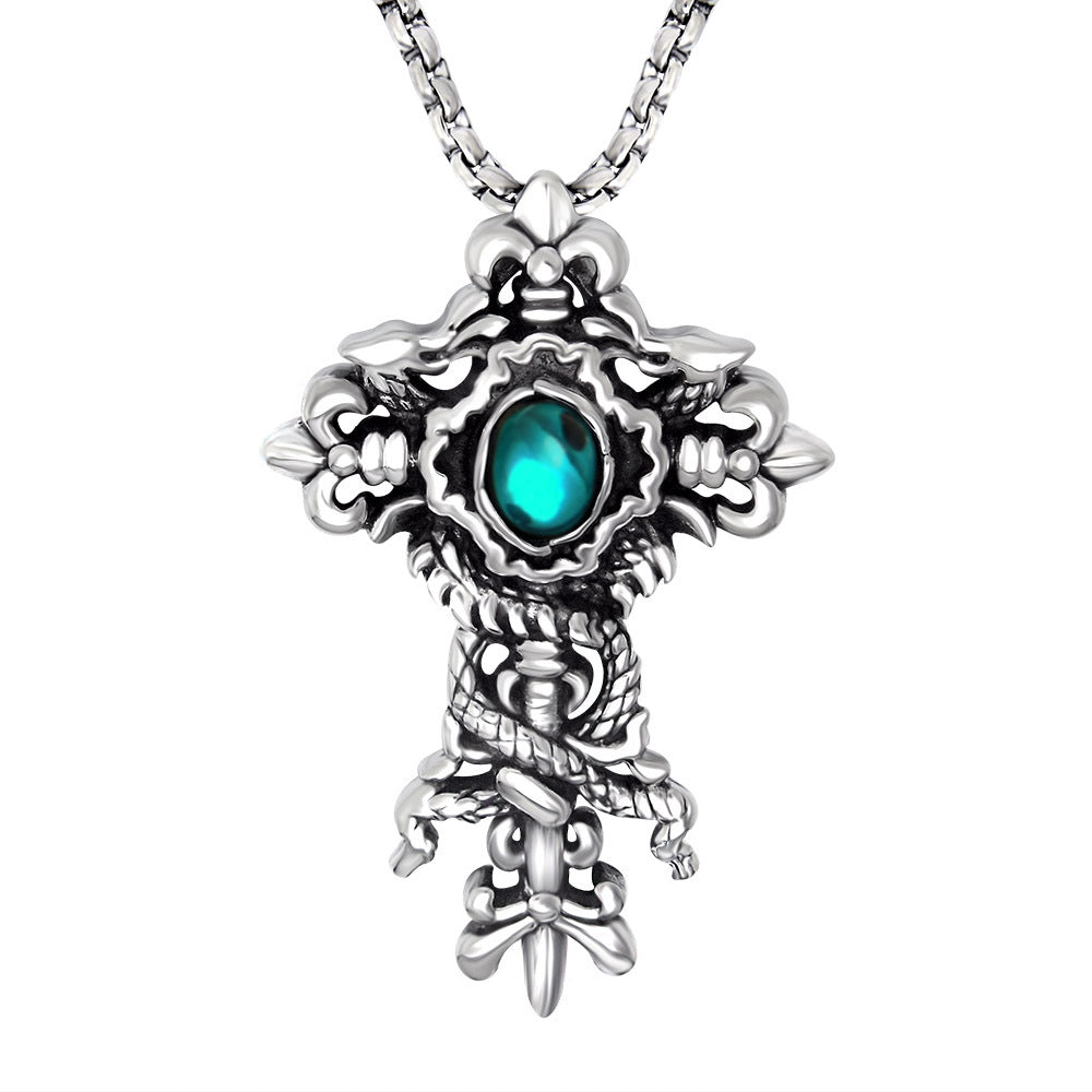 Dragon Embrace Cross Pendant Necklace - Retro Titanium Steel Jewelry for Men in Four Colors