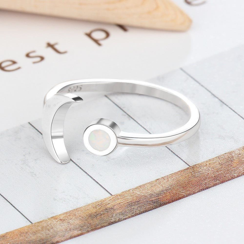 Moon and Round Opal Opening Sterling Silver Ring