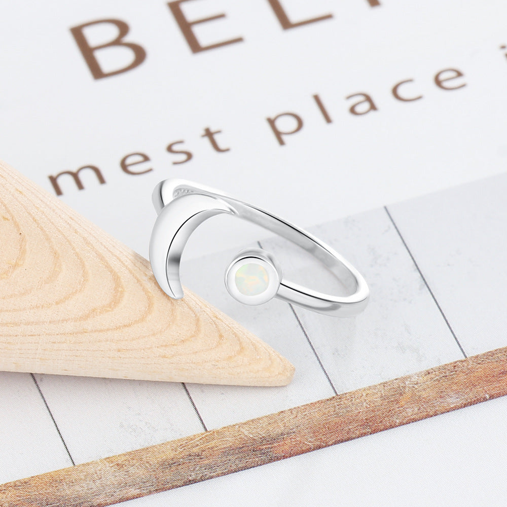 Moon and Round Opal Opening Sterling Silver Ring