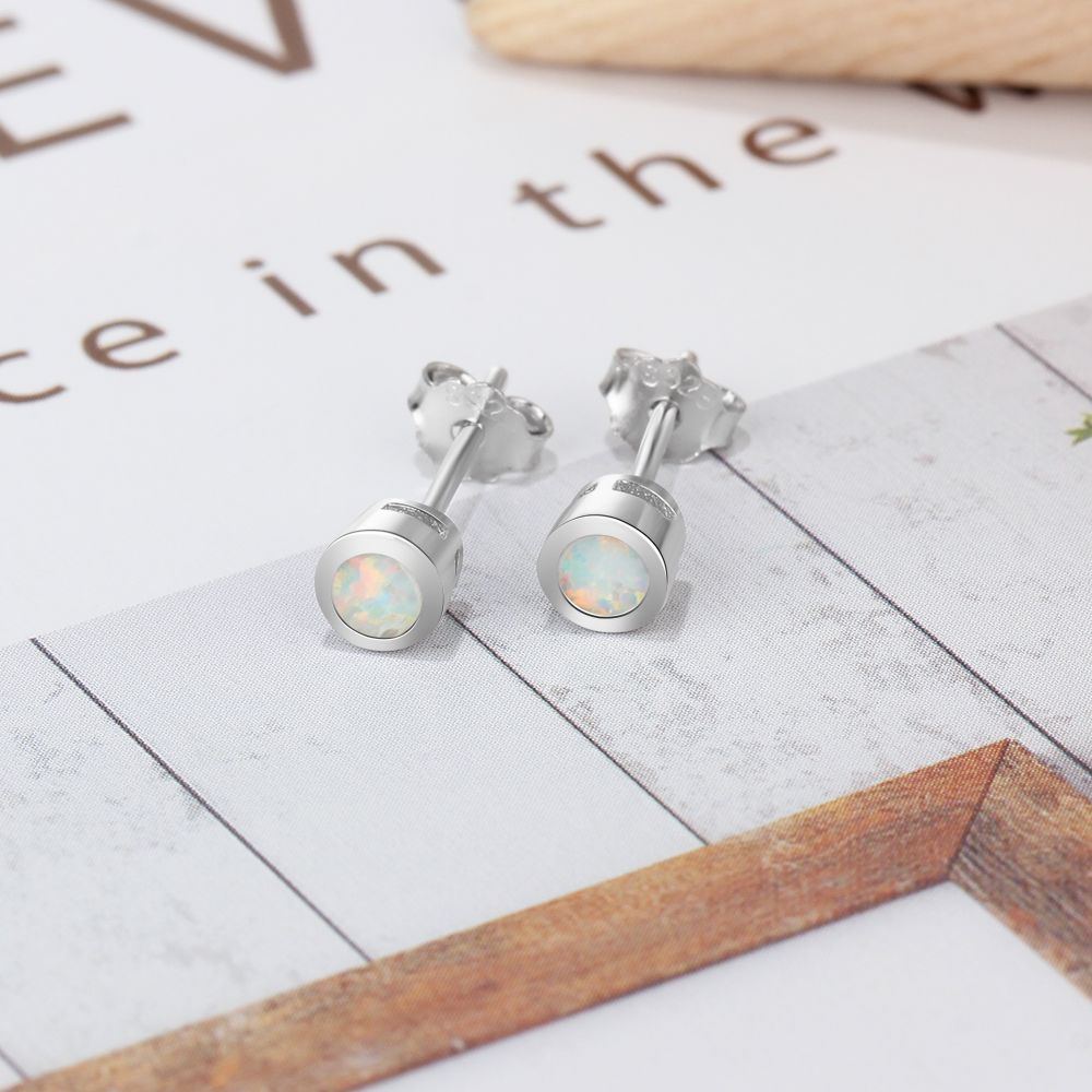 Single Round Opal Sterling Silver Stud Earrings