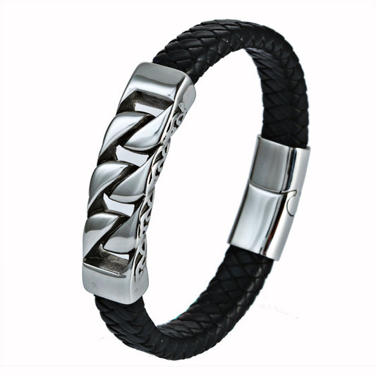 Titanium Steel and Leather Rope Men's Retro Bracelet with Inverted Magnetic Buckle and Cross Pattern