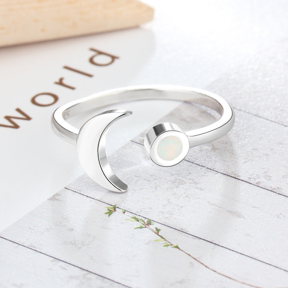 Moon and Round Opal Opening Sterling Silver Ring