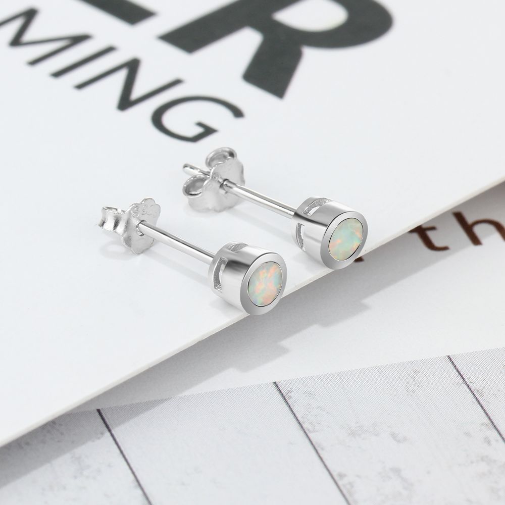 Single Round Opal Sterling Silver Stud Earrings