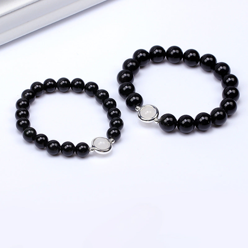 Obsidian and Moonlight Stone Couple Bracelet with Rainbow Eye Single Circle