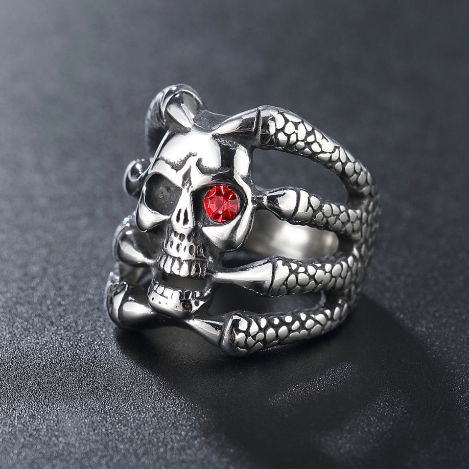 Halloween Ghost Claw Red Zircon Skull Titanium Steel Ring for Men