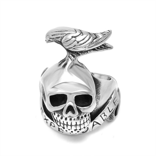 Customizable Expendables Skull Crow Tattoo Ring - Men's Titanium Steel Jewelry in Sizes 7-12