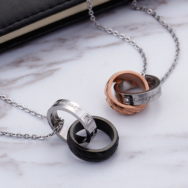 Zircon-Adorned Double-ring Interlocking Pendant, Titanium Steel Couples Necklace for Him