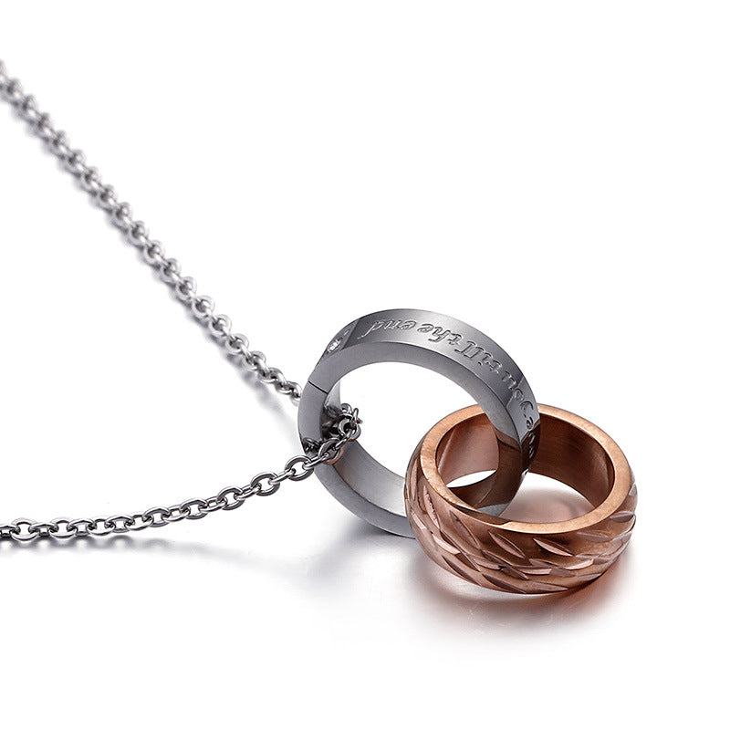 Zircon-Adorned Double-ring Interlocking Pendant, Titanium Steel Couples Necklace for Him