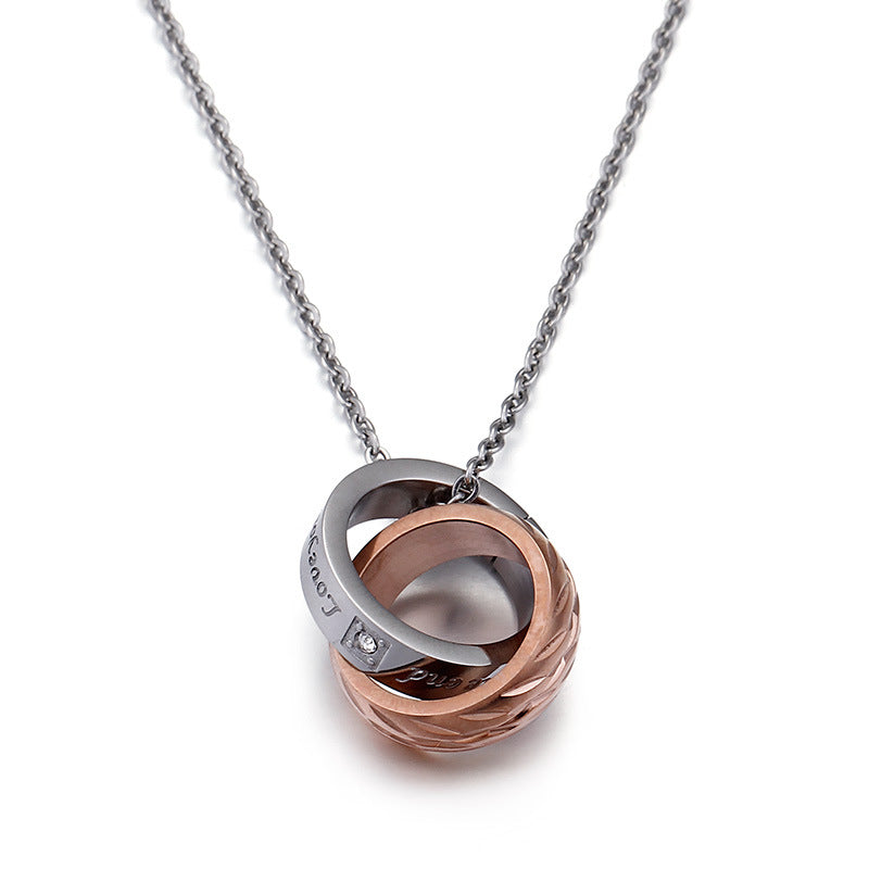 Zircon-Adorned Double-ring Interlocking Pendant, Titanium Steel Couples Necklace for Him