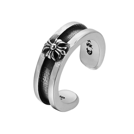 Cross Flower Grooved Open Titanium Steel Ring for Men