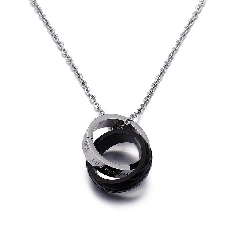 Zircon-Adorned Double-ring Interlocking Pendant, Titanium Steel Couples Necklace for Him