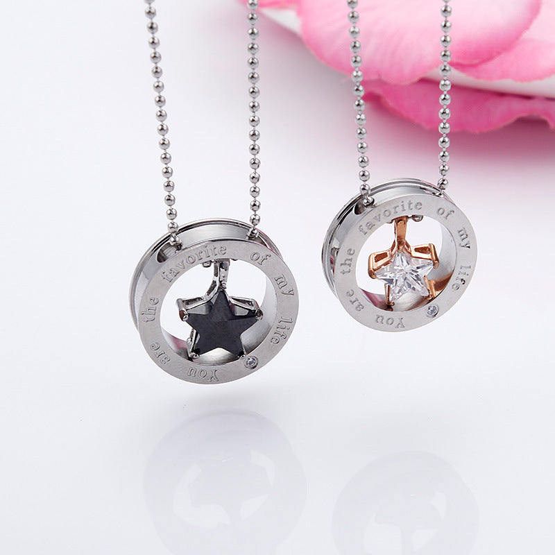 Korean Fashion Titanium Steel Couple Necklace with Zircon-Studded Star Pendant for Men and Women