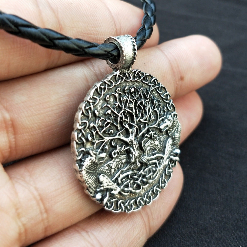 Viking Odin Wolf Necklace with Celtic Wolf and Tree of Life Pendants