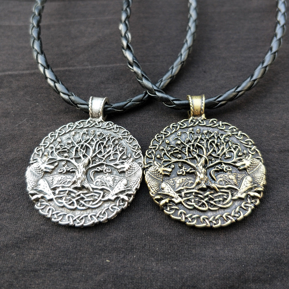 Viking Odin Wolf Necklace with Celtic Wolf and Tree of Life Pendants