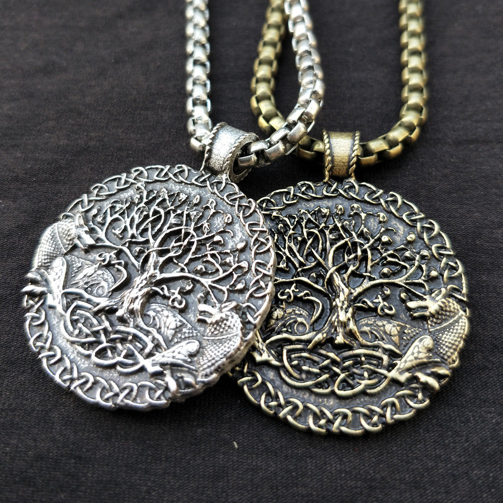 Viking Odin Wolf Necklace with Celtic Wolf and Tree of Life Pendants