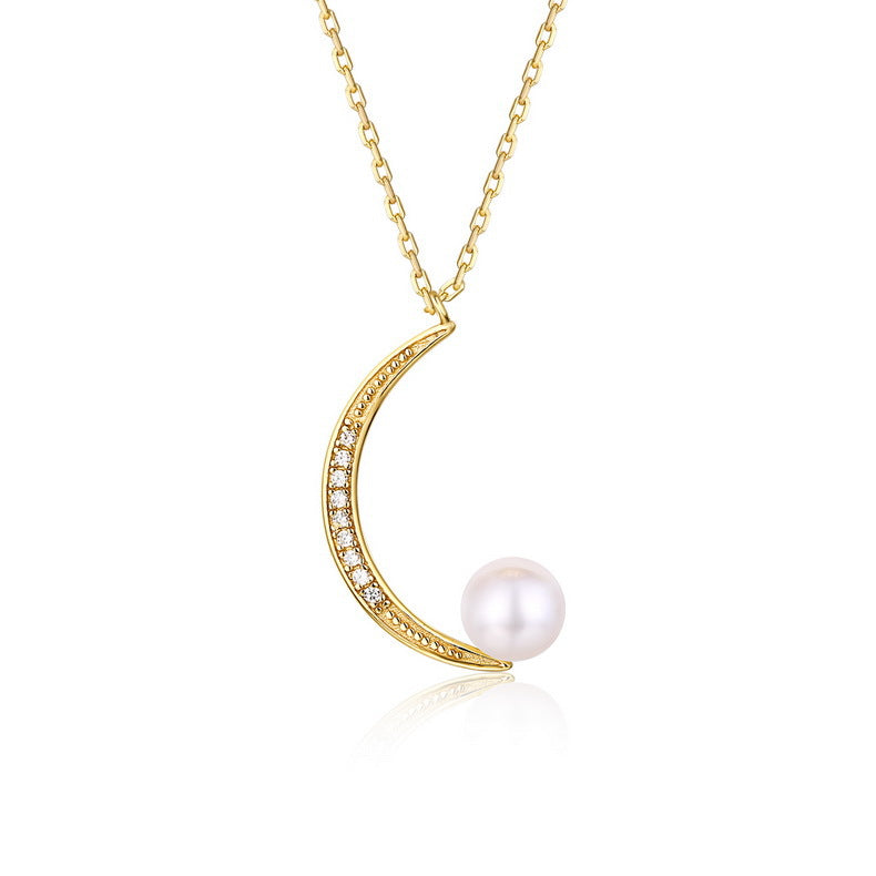 Crescent Moon Natural Pearl Zircon Sterling Silver Necklace