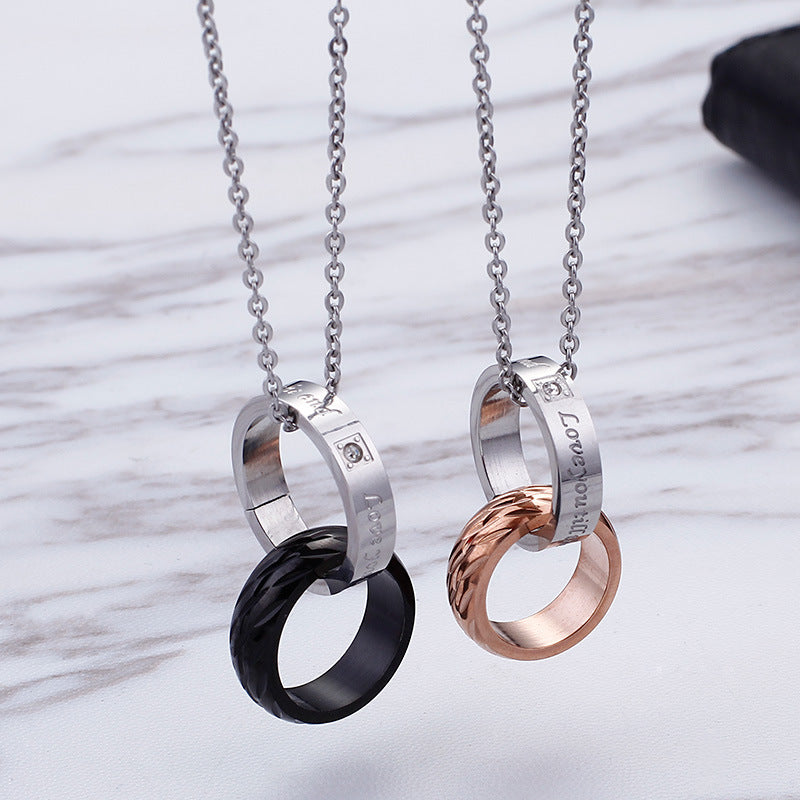 Zircon-Adorned Double-ring Interlocking Pendant, Titanium Steel Couples Necklace for Him