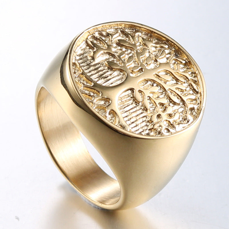 Bold Golden Tree of Life Titanium Steel Ring - Personalized Punk Jewelry for Men