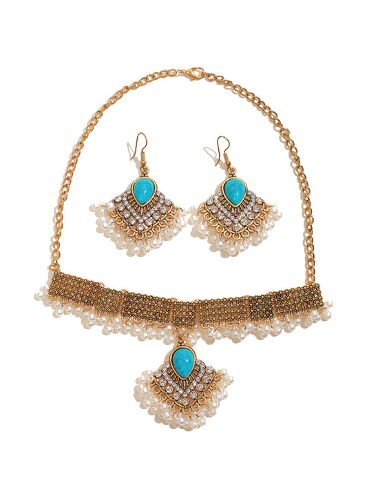 Indian Turquoise Pearl Collar Necklace and Earring Set