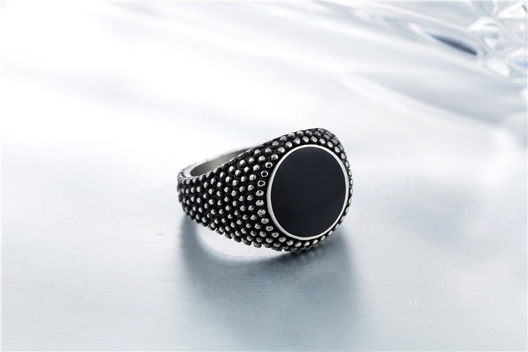 Vintage Black Gemstone Titanium Steel Men's Ring by Planderful Collection