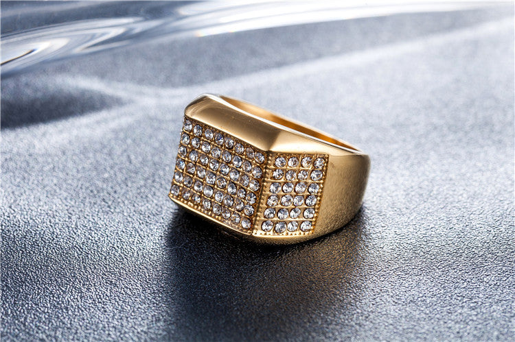 Wholesale European and American Hip-hop Men's Titanium Ring with Full Zircon Gold Embellishments