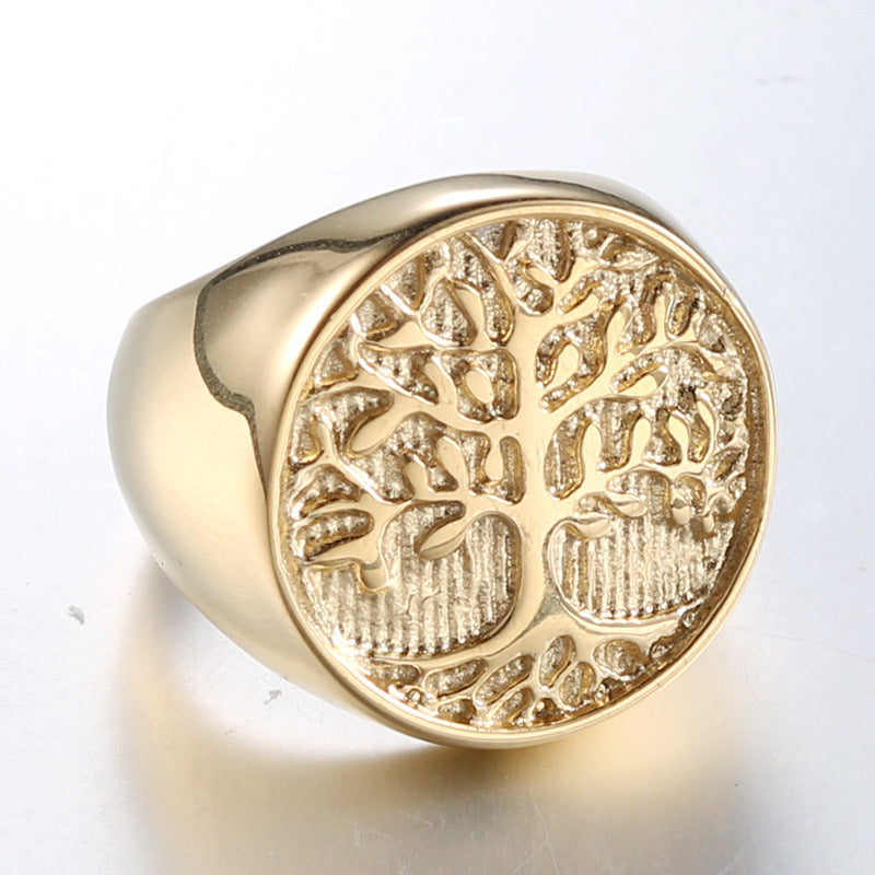 Bold Golden Tree of Life Titanium Steel Ring - Personalized Punk Jewelry for Men