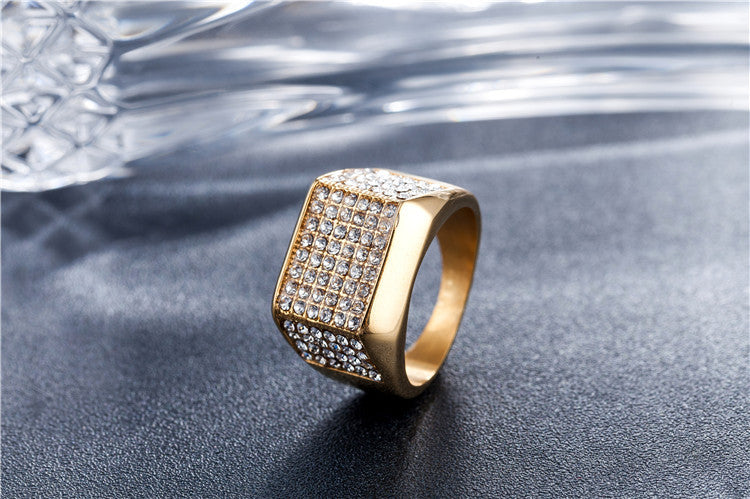 Wholesale European and American Hip-hop Men's Titanium Ring with Full Zircon Gold Embellishments