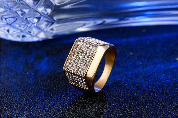 Wholesale European and American Hip-hop Men's Titanium Ring with Full Zircon Gold Embellishments