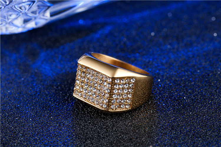 Wholesale European and American Hip-hop Men's Titanium Ring with Full Zircon Gold Embellishments