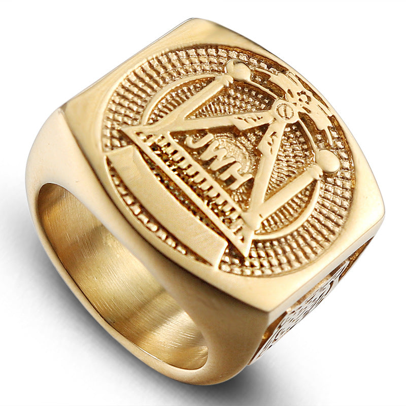 Personalized Retro Gold Titanium Steel Freemason Ring for Men - European and American Fashion Religious Totem Jewelry