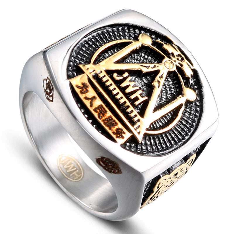 Stylish Gold Freemason Ring for Men - Personalized Retro Stainless Steel Jewelry in European and American Fashion