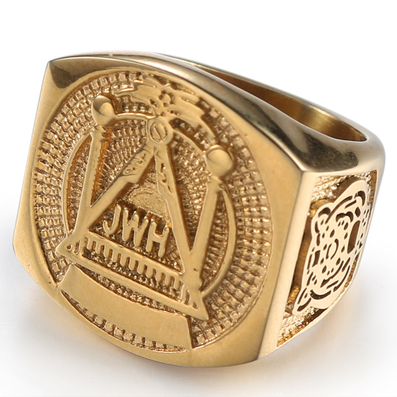 Personalized Retro Gold Titanium Steel Freemason Ring for Men - European and American Fashion Religious Totem Jewelry