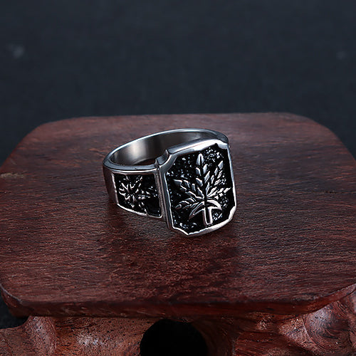 Custom Engraved Titanium Steel Maple Leaf Ring - Retro Hip-Hop Stainless Steel Jewelry for Men