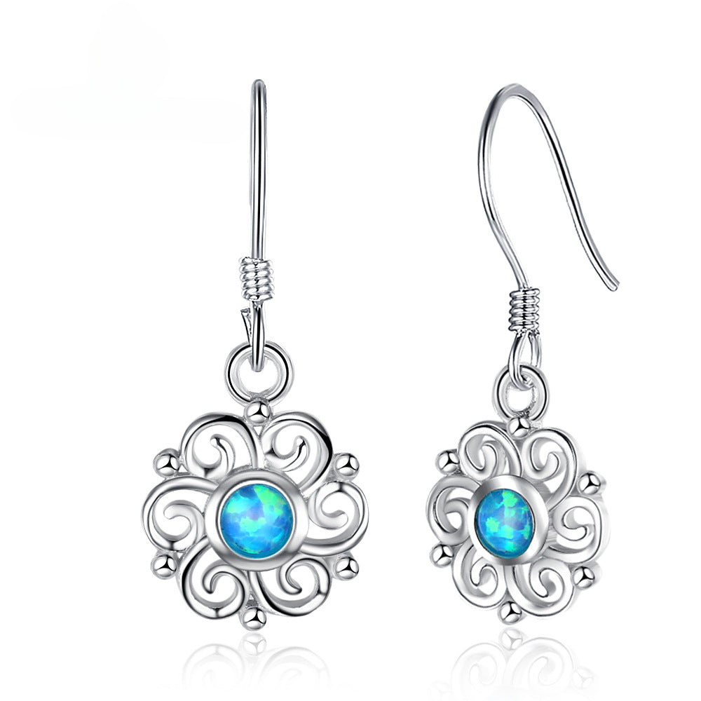 Flower Pendant Blue Round Opal Sterling Silver Hook Earrings