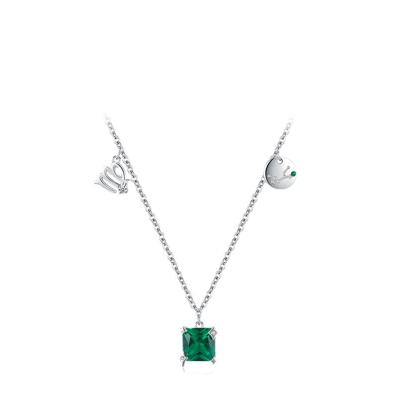 S925 Sterling Silver Green Zircon Necklace with Virgo Clavicle Chain