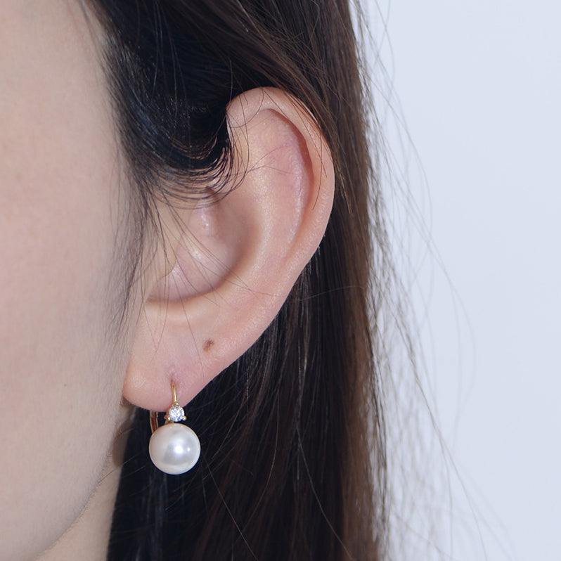 Round Pearl Small Zircon Sterling Silver Hoop Earrings