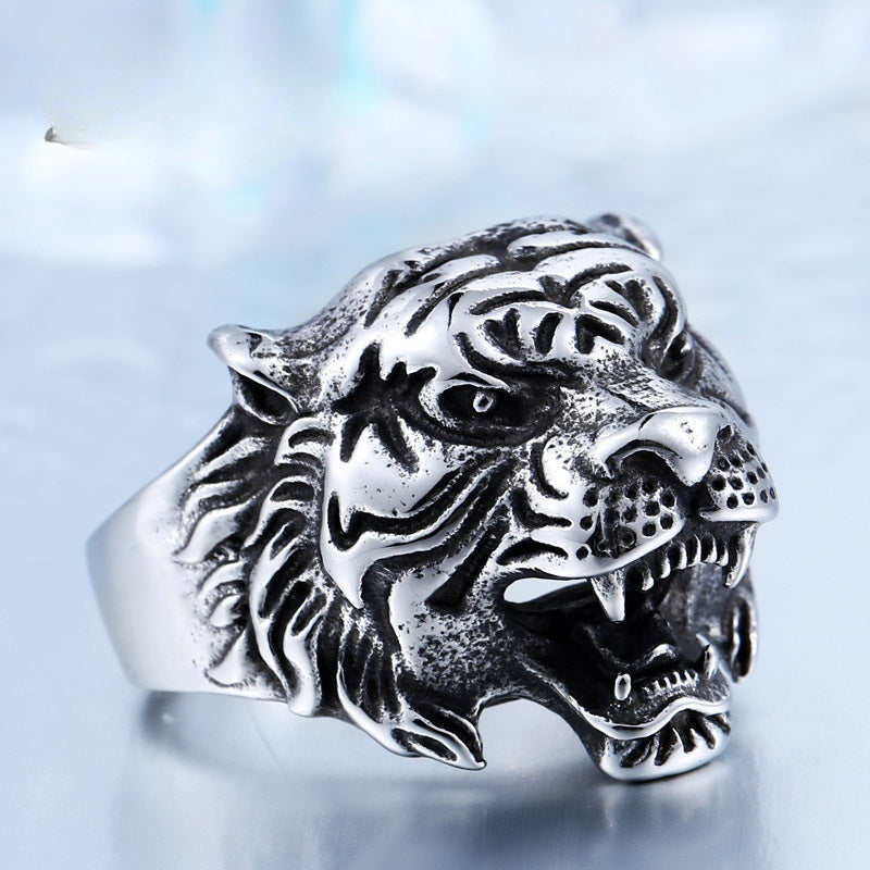 Titanium Steel Men's Retro Tiger Head Ring - Unique Cross-Border Fashion Accessory