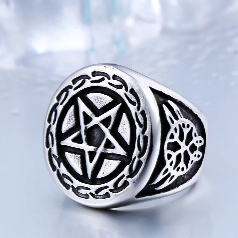 Custom Engraved Pentagram Ring in Retro Titanium Steel for Men - Wholesale Stainless Steel Jewelry