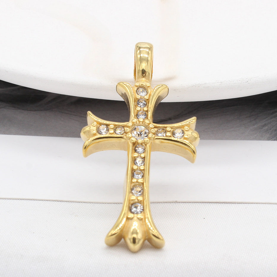 Zircon Latin Cross Flower Titanium Steel Pendant for Men