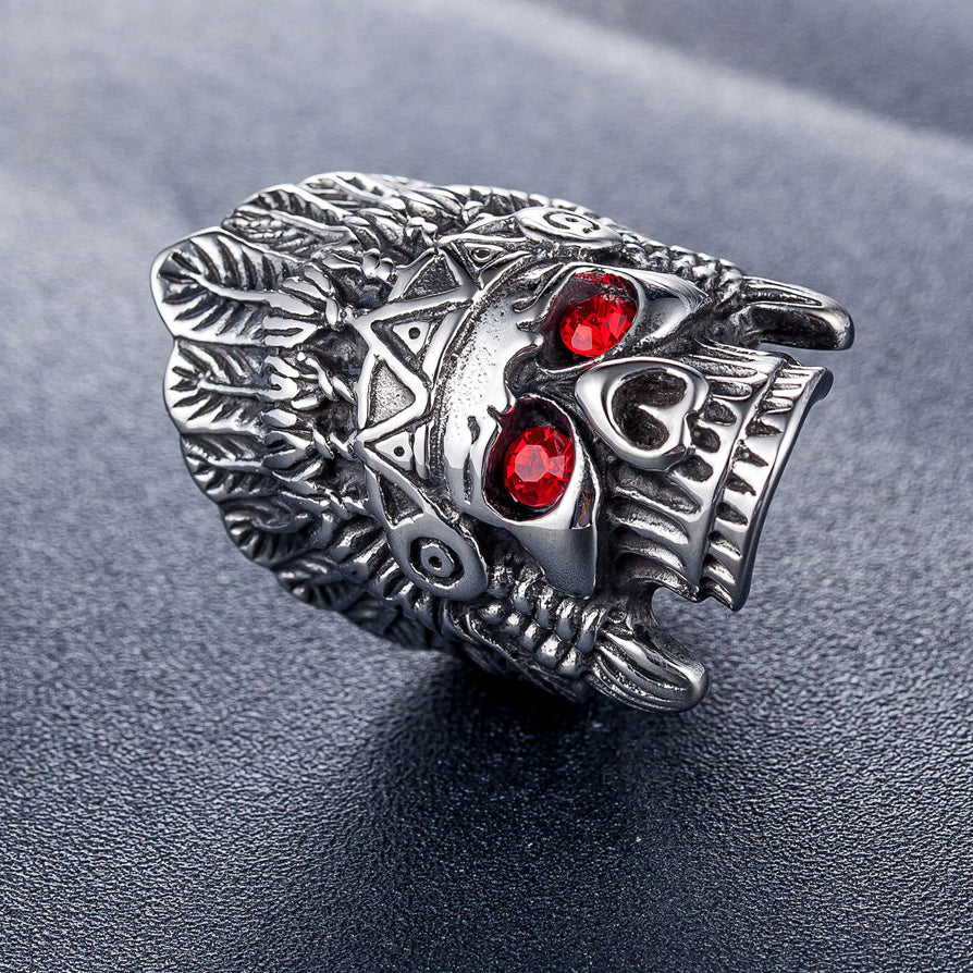 Halloween Red Eye Indian Chief Skull Head Stainless Steel Ring for Men