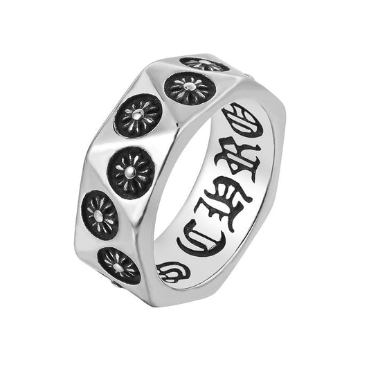 Cross Flower Triangle Surface Gothic Text Titanium Steel Ring for Men