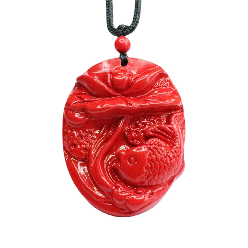 Cinnabar Lotus Fish Pendant with Red Sand