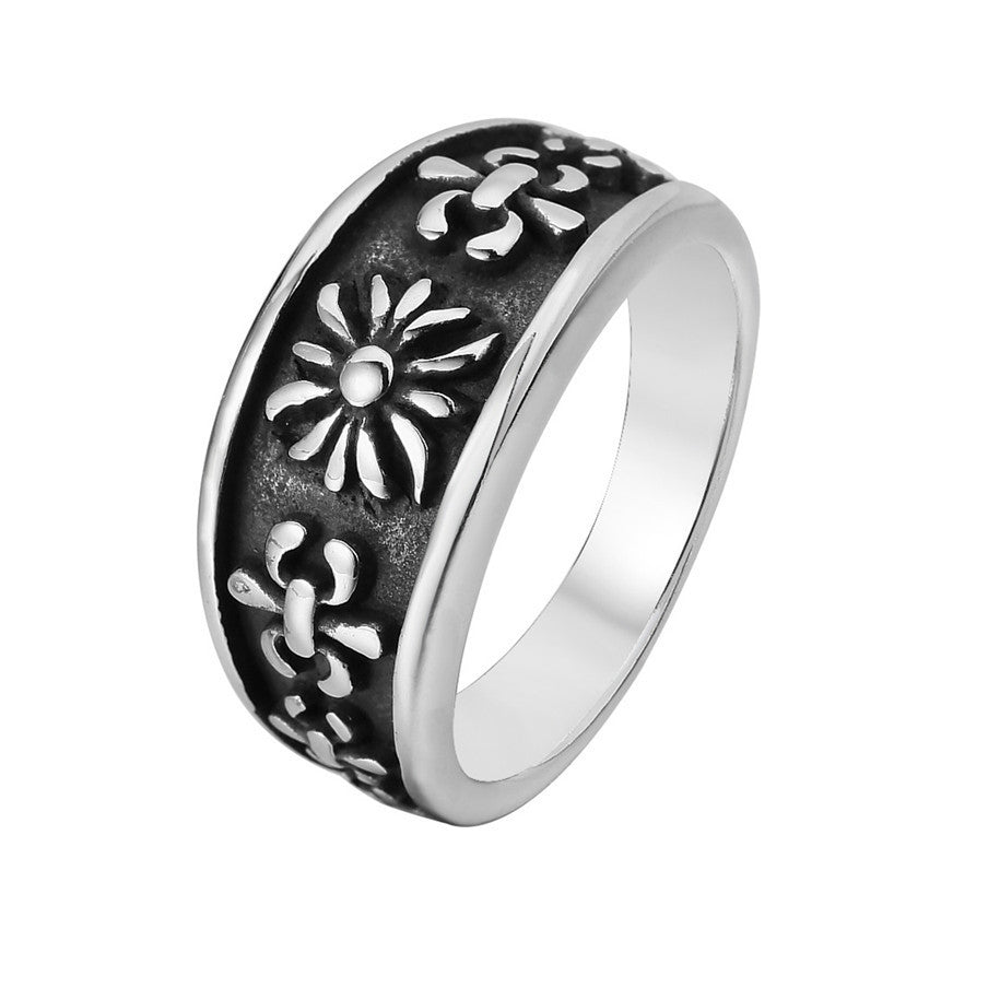 Cross Flower and Childern Flower Titanium Steel Ring for Men