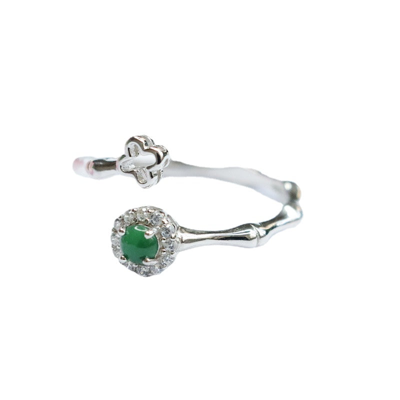 Exquisite S925 Sterling Silver Ice Green Jade Clover Ring