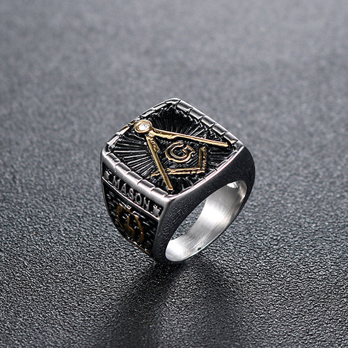 Men's Retro Diamond-Encrusted Masonic Stainless Steel Ring - European and American Fashion Jewelry