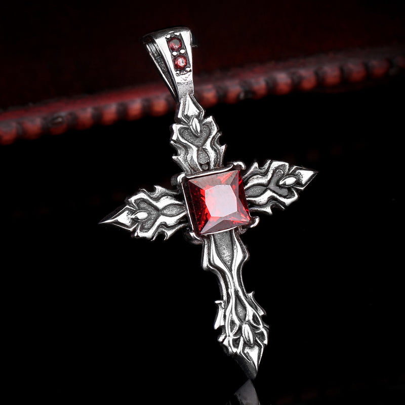 Vintage Stainless Steel Flame Cross Pendant for Men – Wholesale Titanium Steel with Stone Inlay