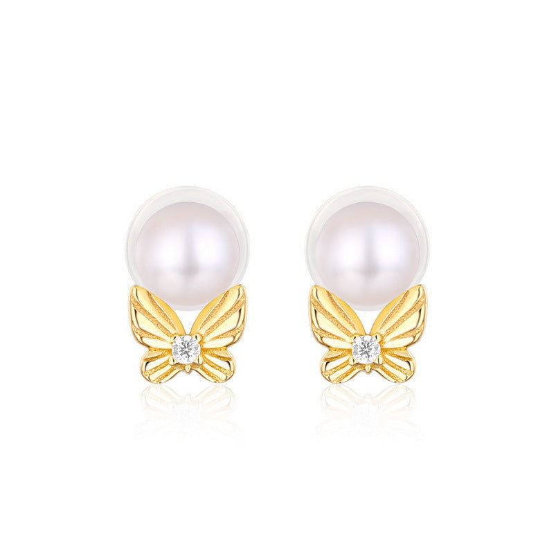 Round Freshwater Pearl Butterfly Zircon Sterling Silver Stud Earrings