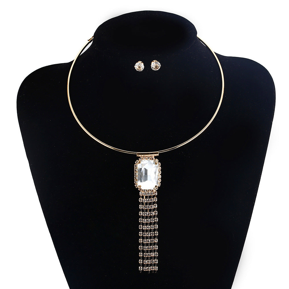 European and American Cross-Border Tassel Crystal Diamond Necklace Set